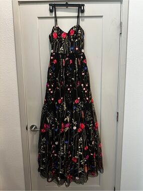 Embroidered Floral Black Floor Length Dress